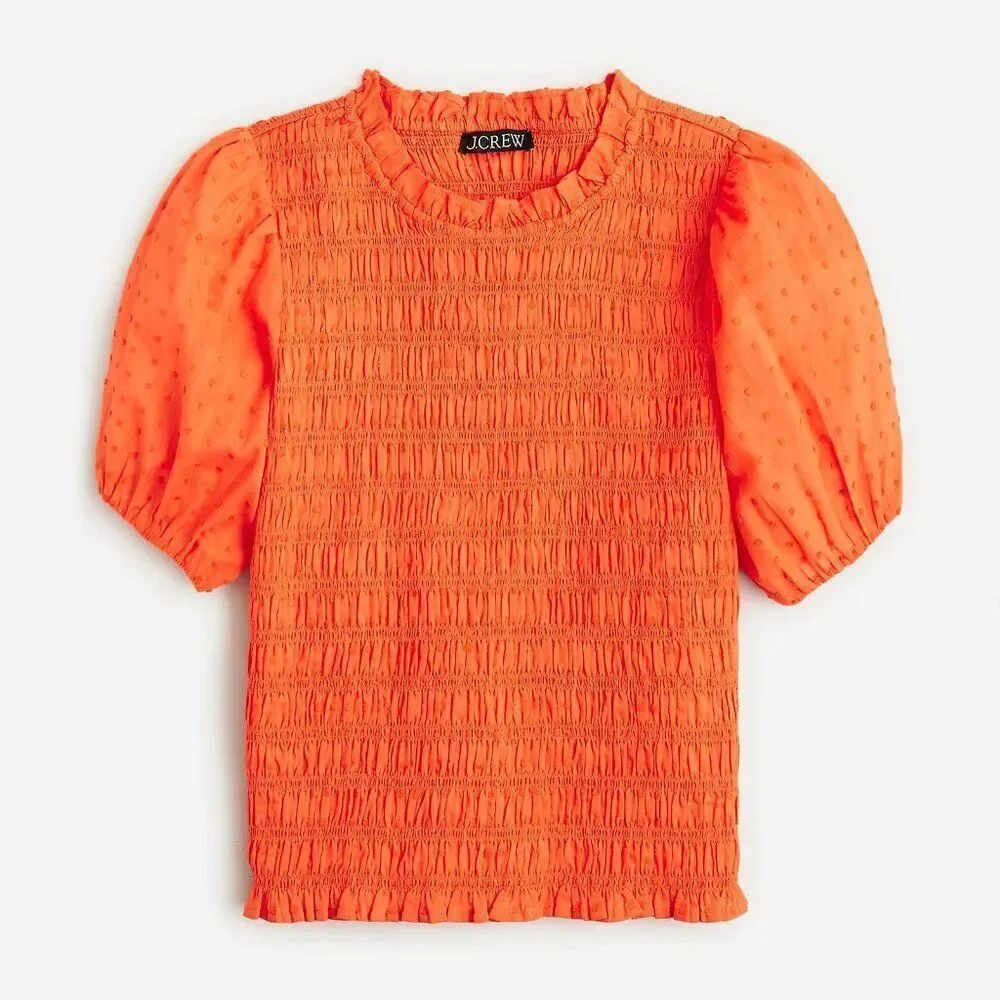 🦋 J.CREW 🦋 Puff-Sleeve Dot Textured Voile Smocked Top - [Small, Orange]